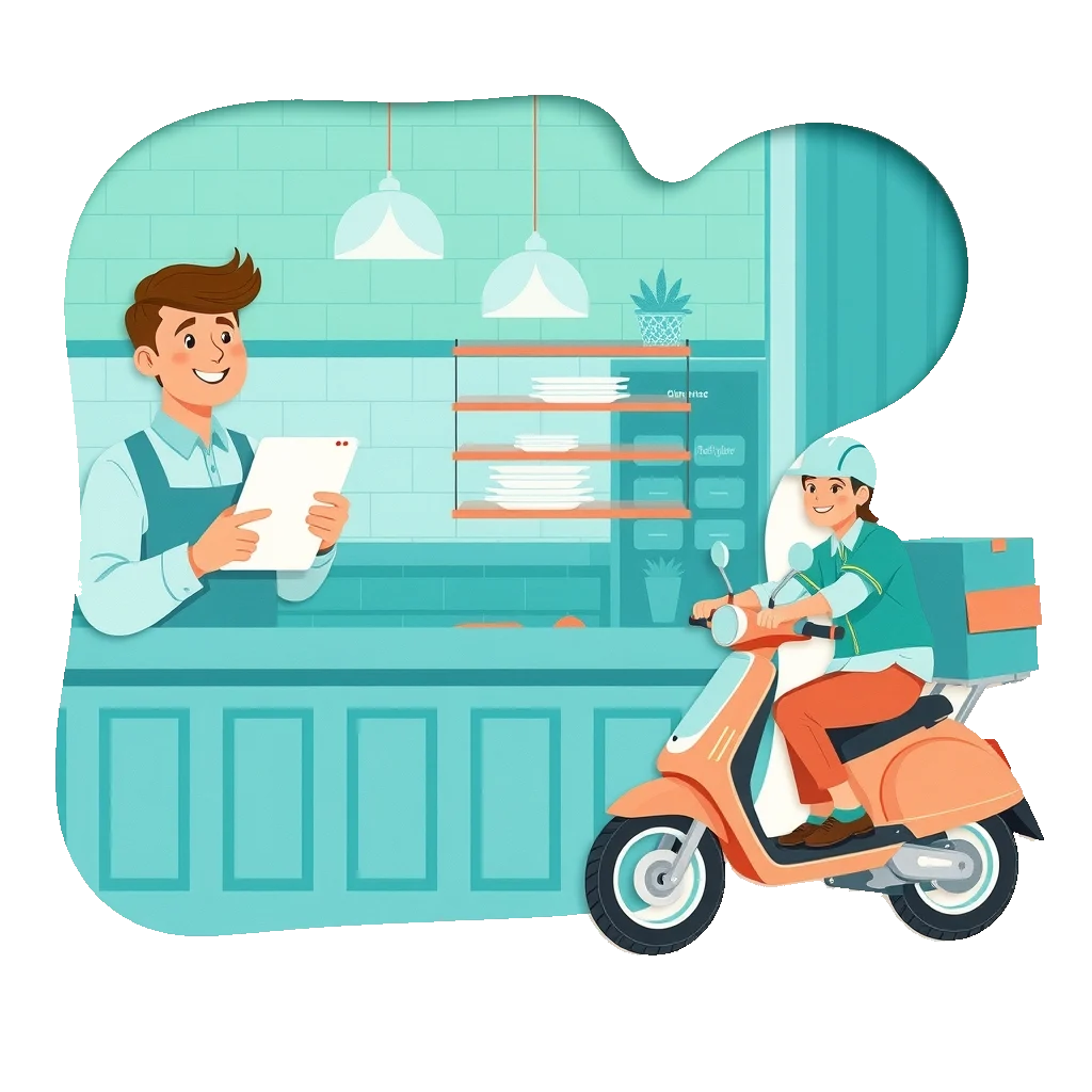 Tezgâhta tabletten siparişe bakan işletmeci ve motosikletli kurye