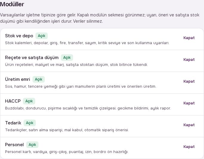 Modüller listesi: her modülün durumu ve Aç/Kapat düğmesi