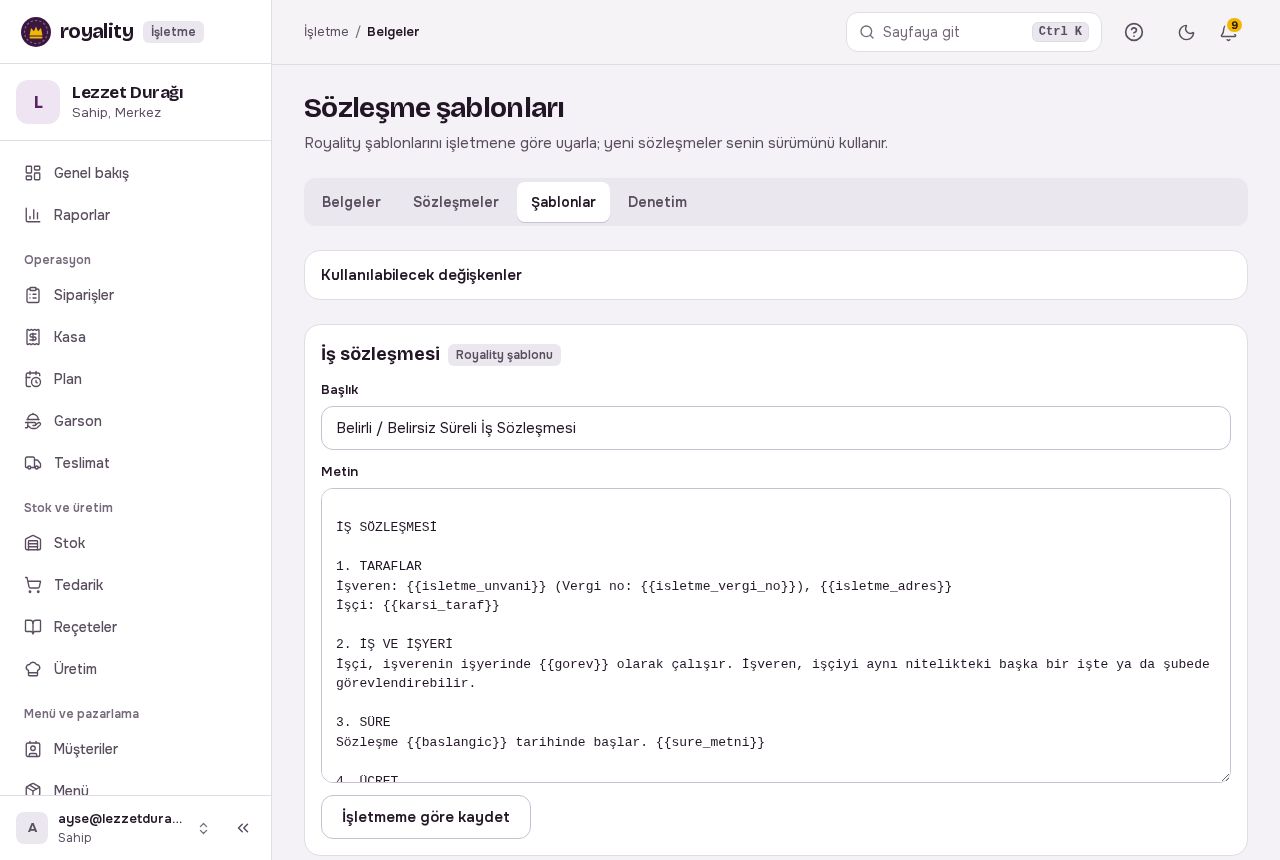 Sözleşme şablonları: tür başına başlık ve metin alanı