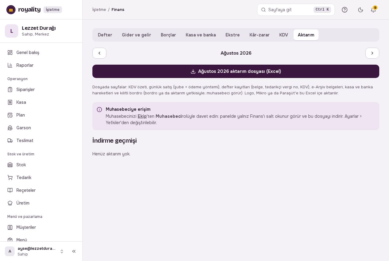 Aktarım: ay seçici, Excel indirme düğmesi ve indirme geçmişi
