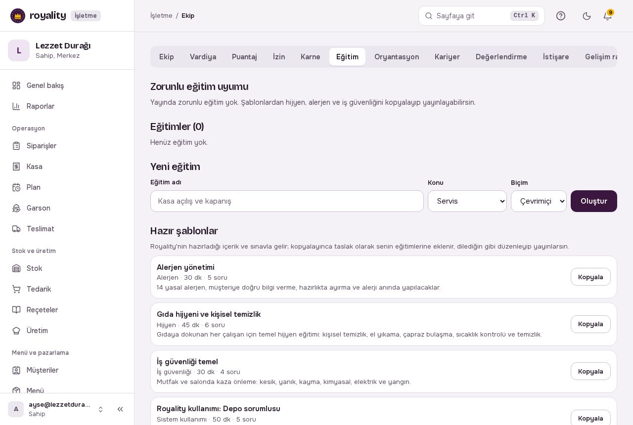 Eğitim ekranı: zorunlu eğitim uyumu, eğitimler ve hazır şablonlar