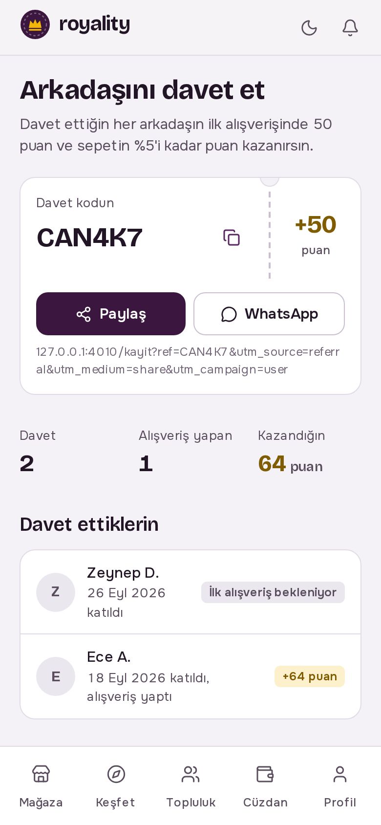 Arkadaşını davet et: davet kodu, sayaçlar ve davet ettiklerin