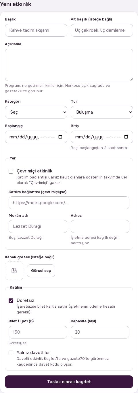 Yeni etkinlik formu