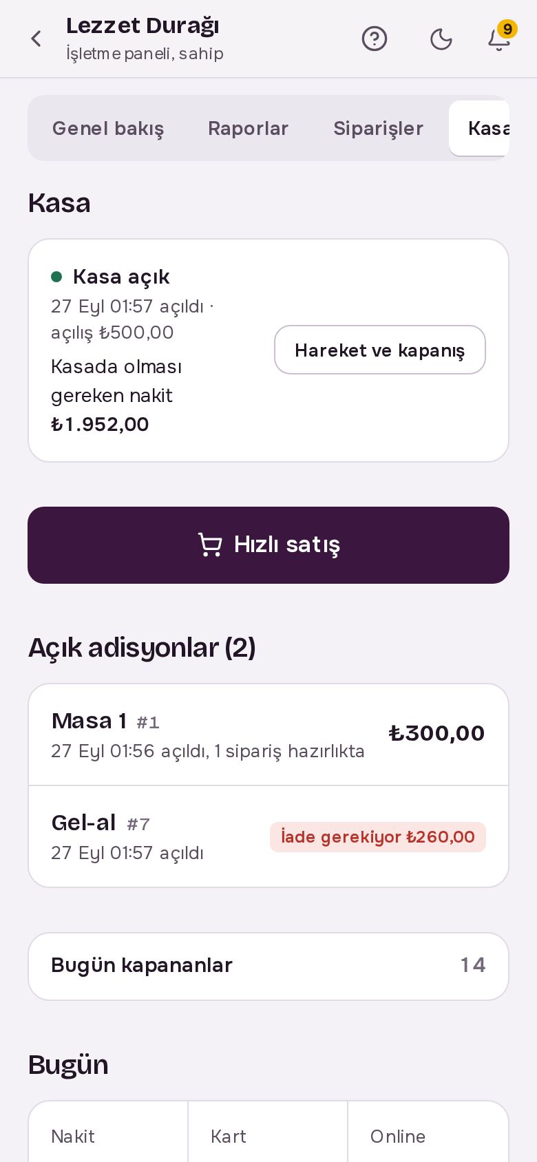 Kasa ekranının telefon görünümü