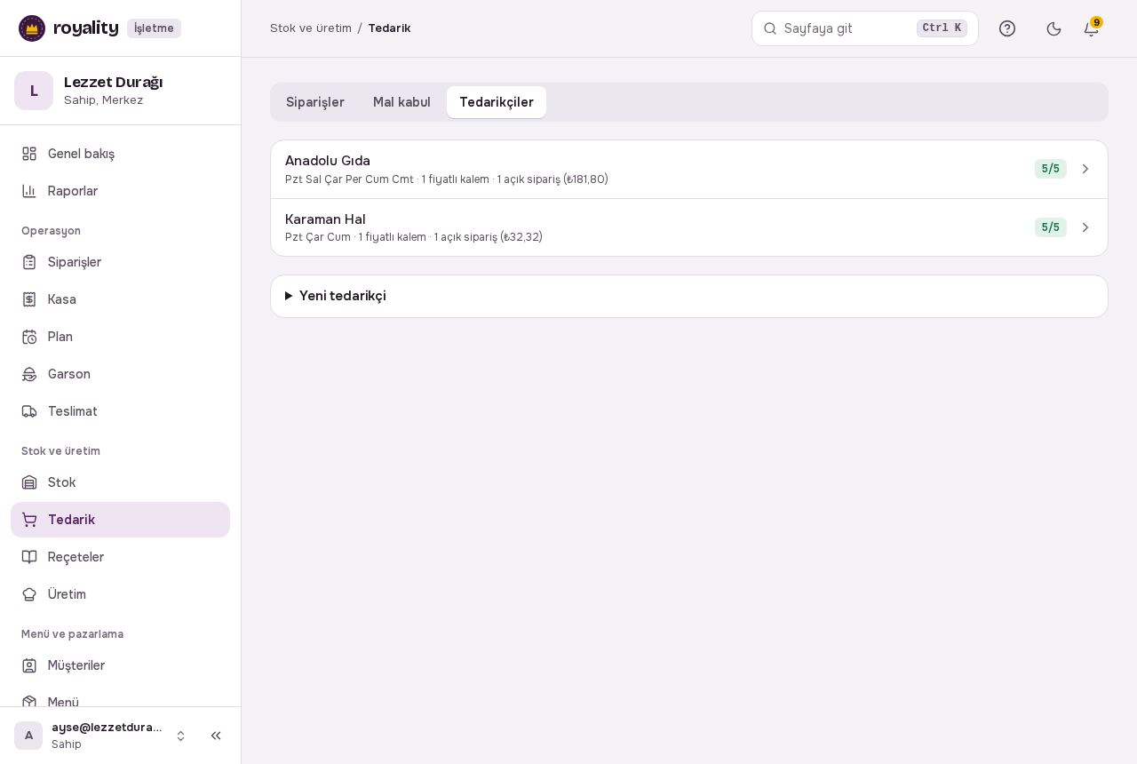 Tedarikçiler listesi ve yeni tedarikçi formu