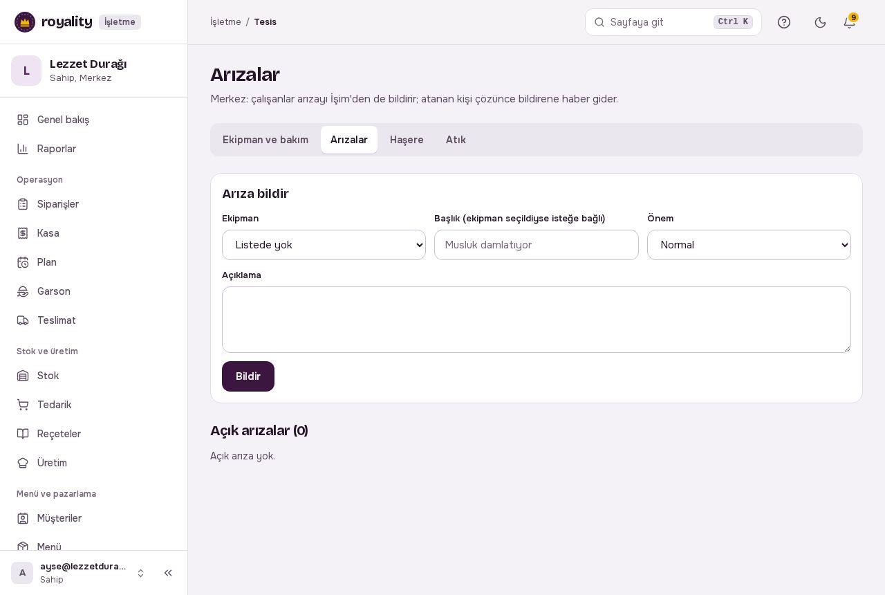 Arızalar ekranı: arıza bildirme formu ve açık arızalar